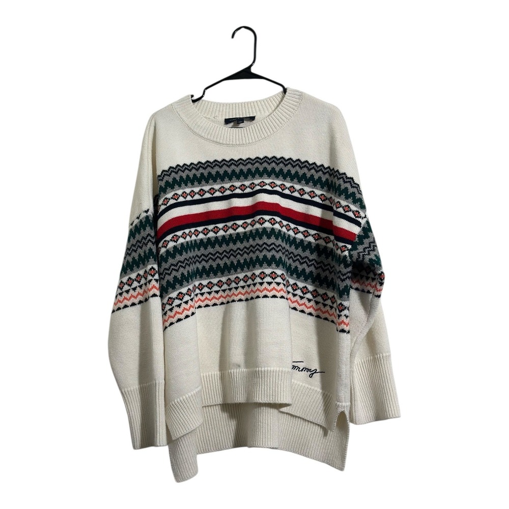 Tommy Hilfiger Fair Isle Crewneck Sweater‎ Cream Oversized High-Low Women's XXL